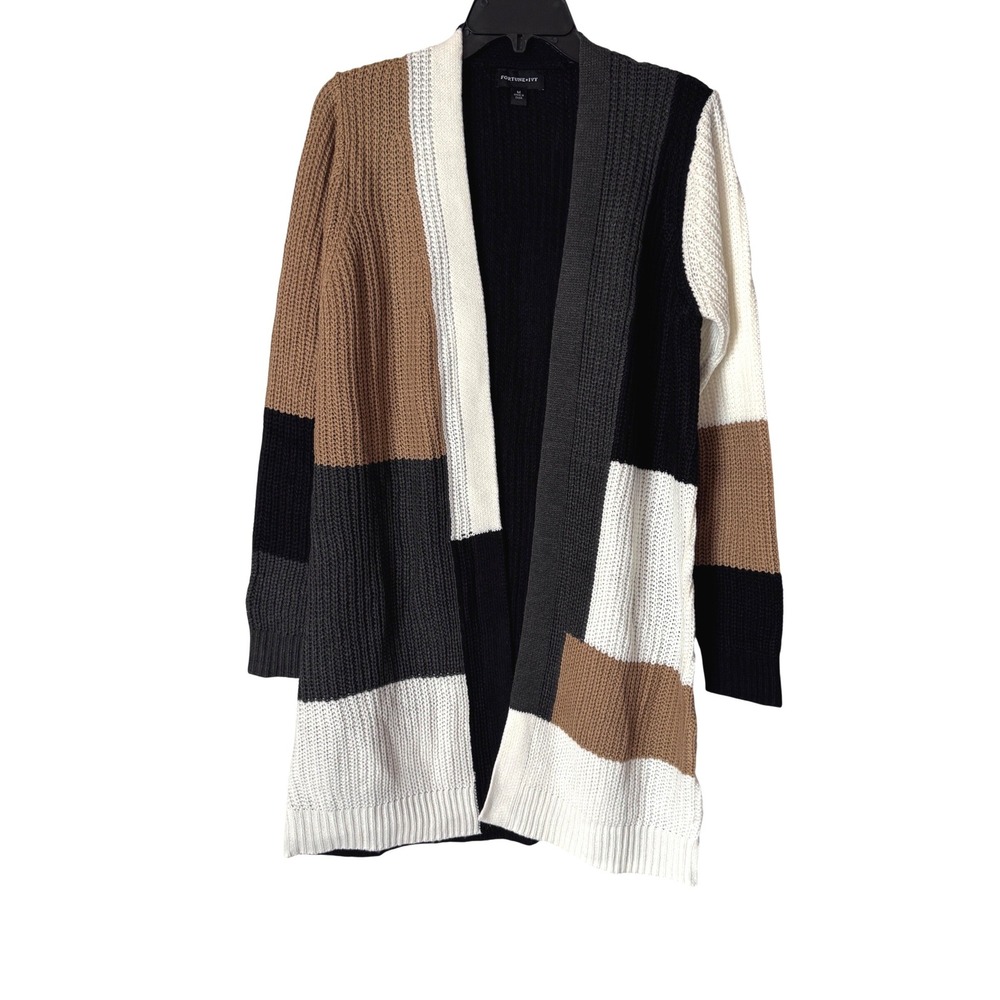 Fortune + Ivy Cardigan Colorblock Women Medium Black Tan White Ribbed Knit NWOT